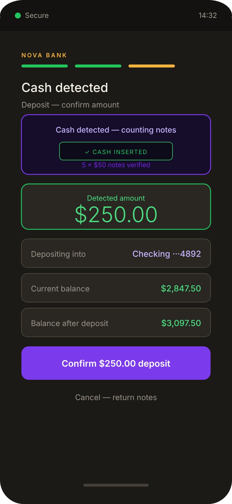 Deposit screen confirming five detected notes, the deposit amount, destination account and balance after deposit.