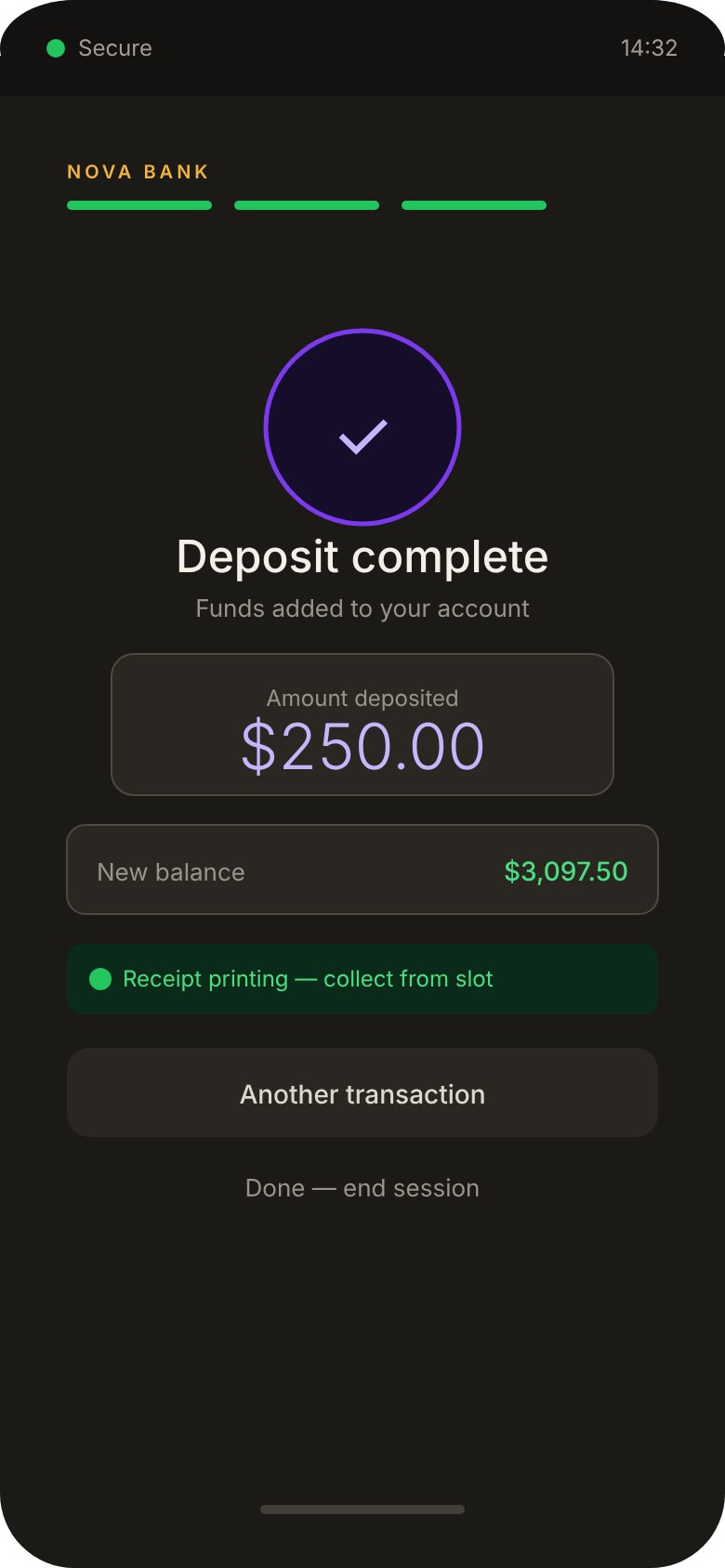 Deposit completion screen showing funds added, the deposited amount, updated balance and receipt-printing feedback.