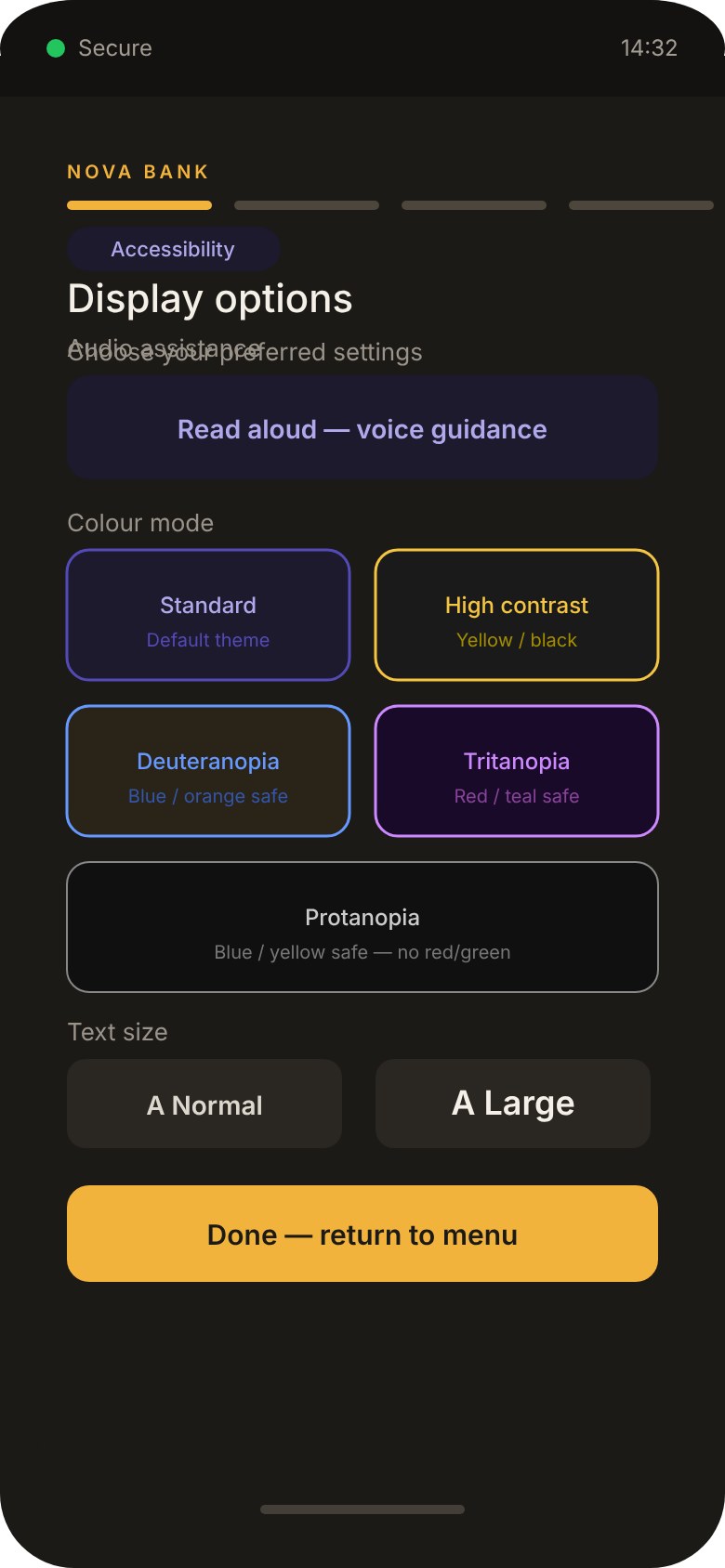 Accessibility settings with read-aloud guidance, standard and high-contrast modes, deuteranopia, tritanopia and protanopia palettes, and normal or large text.