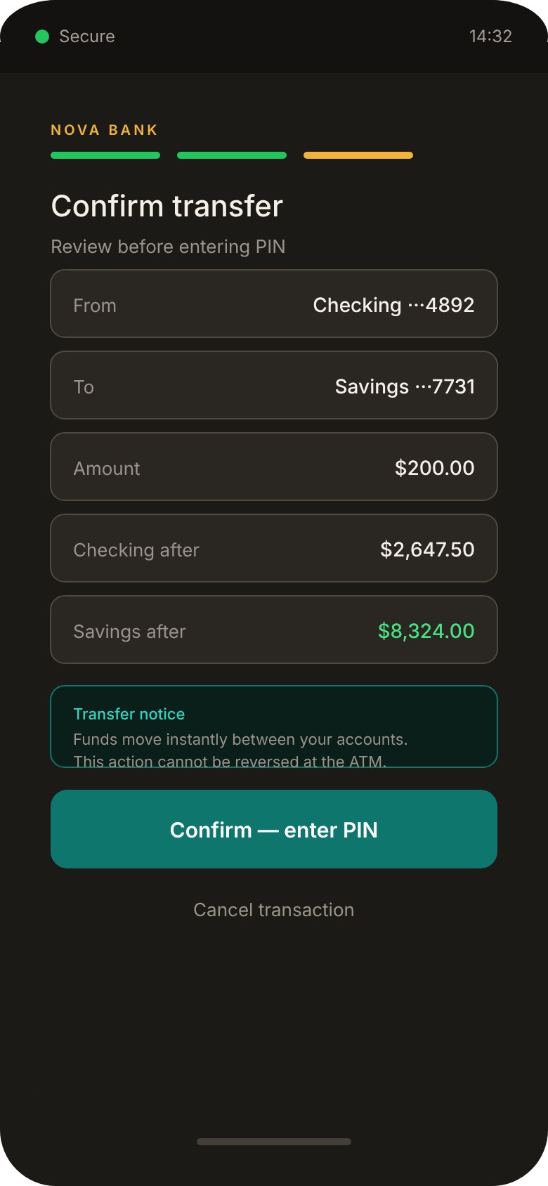 Transfer review from checking to savings with the amount, resulting balances, an irreversible-transfer notice and PIN confirmation.