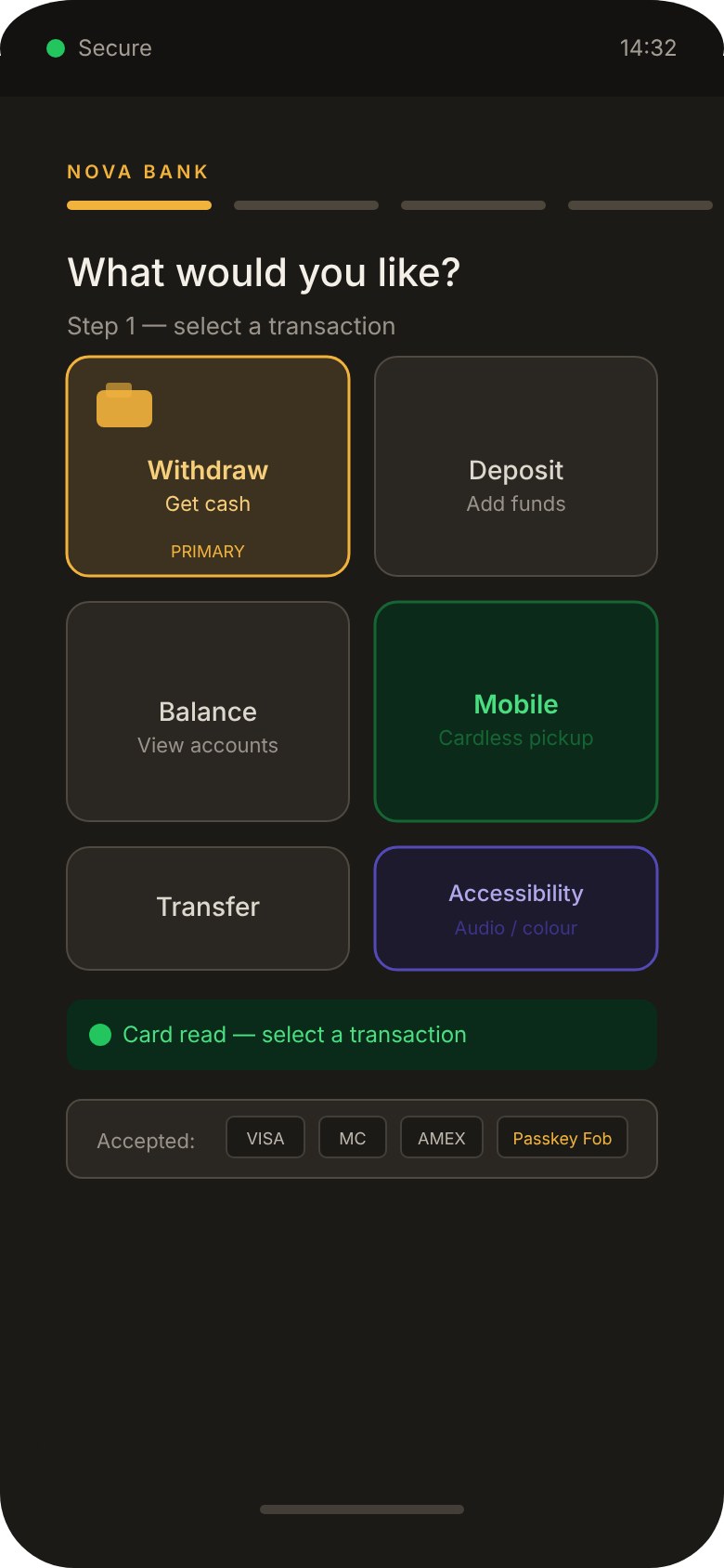 Looping walkthrough of the Nova ATM prototype screens: main menu, amount entry, withdrawal confirmation, cash dispensed and cardless confirmation.
