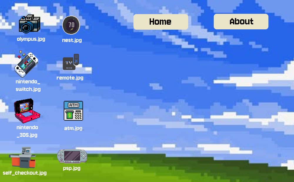The team's design diary: a pixel-art desktop with icons for each evaluated product, including an ATM.