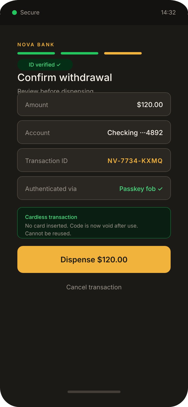 Cardless withdrawal confirmation with verified ID, transaction ID, passkey fob authentication and a single-use code notice.