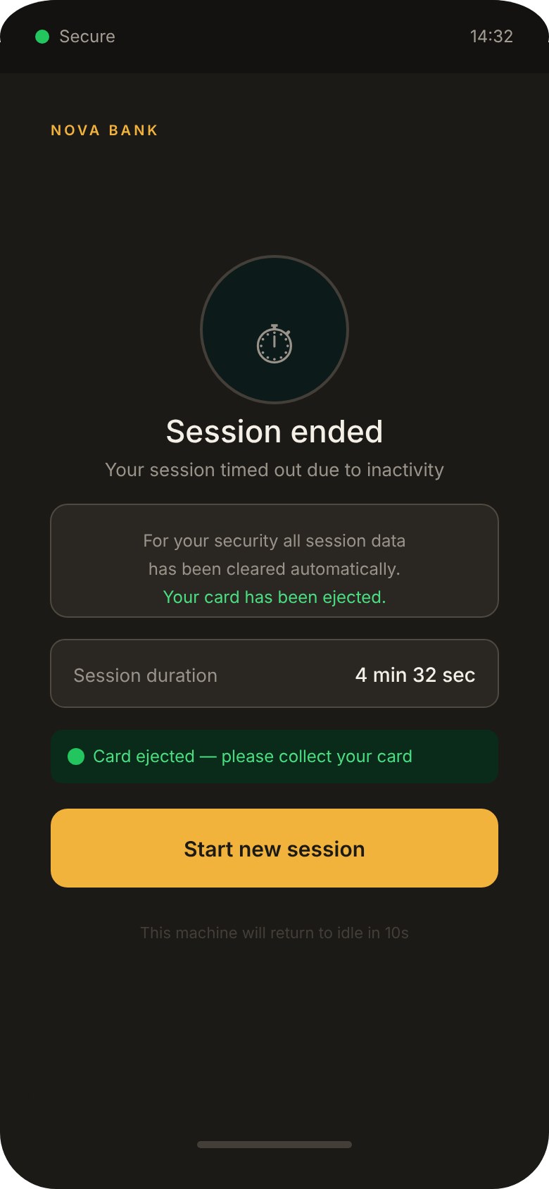 Session timeout screen explaining the session ended due to inactivity, session data was cleared and the card was ejected, with an option to start a new session.