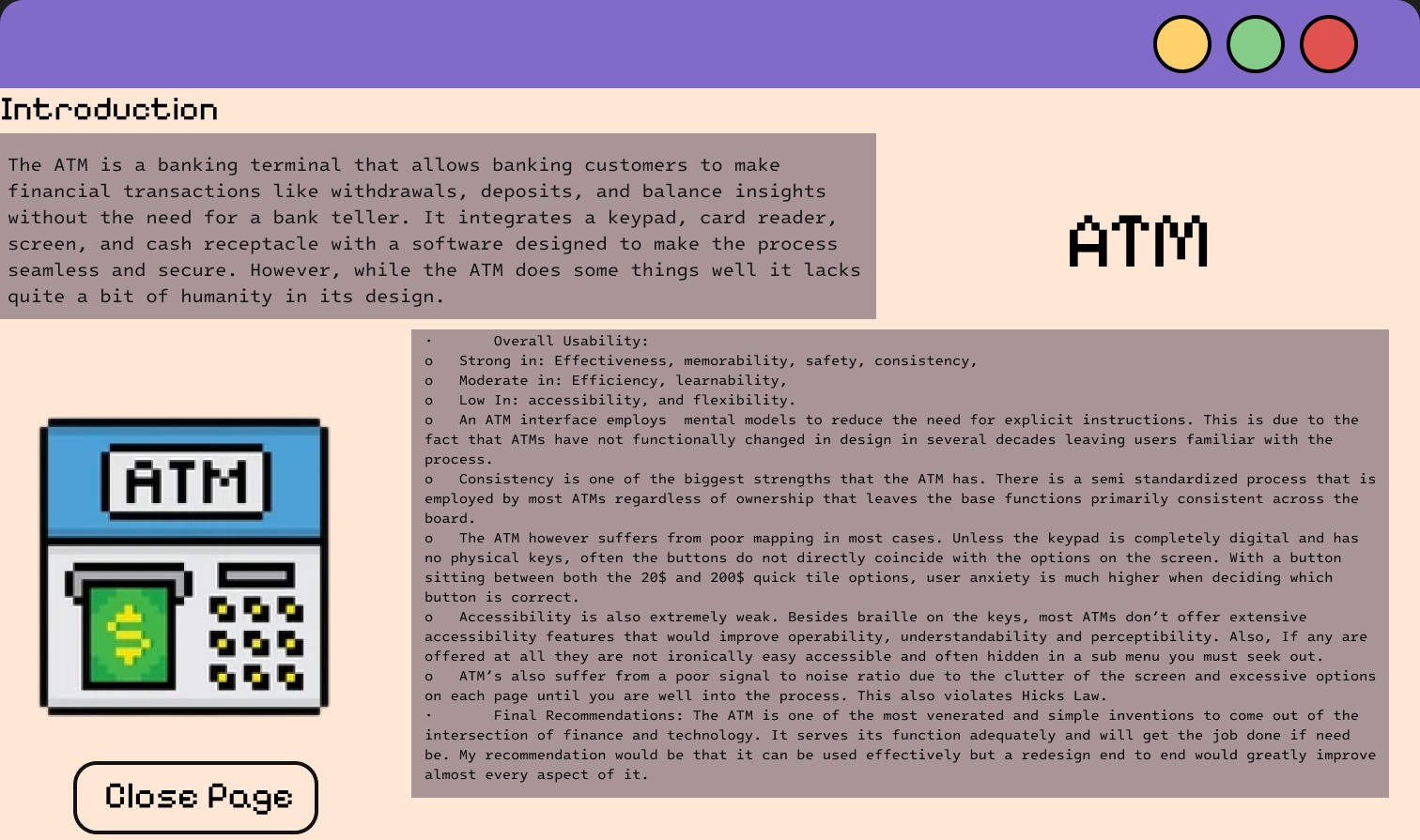 The design diary's ATM evaluation window, listing strengths, weaknesses and a recommendation to redesign end to end.